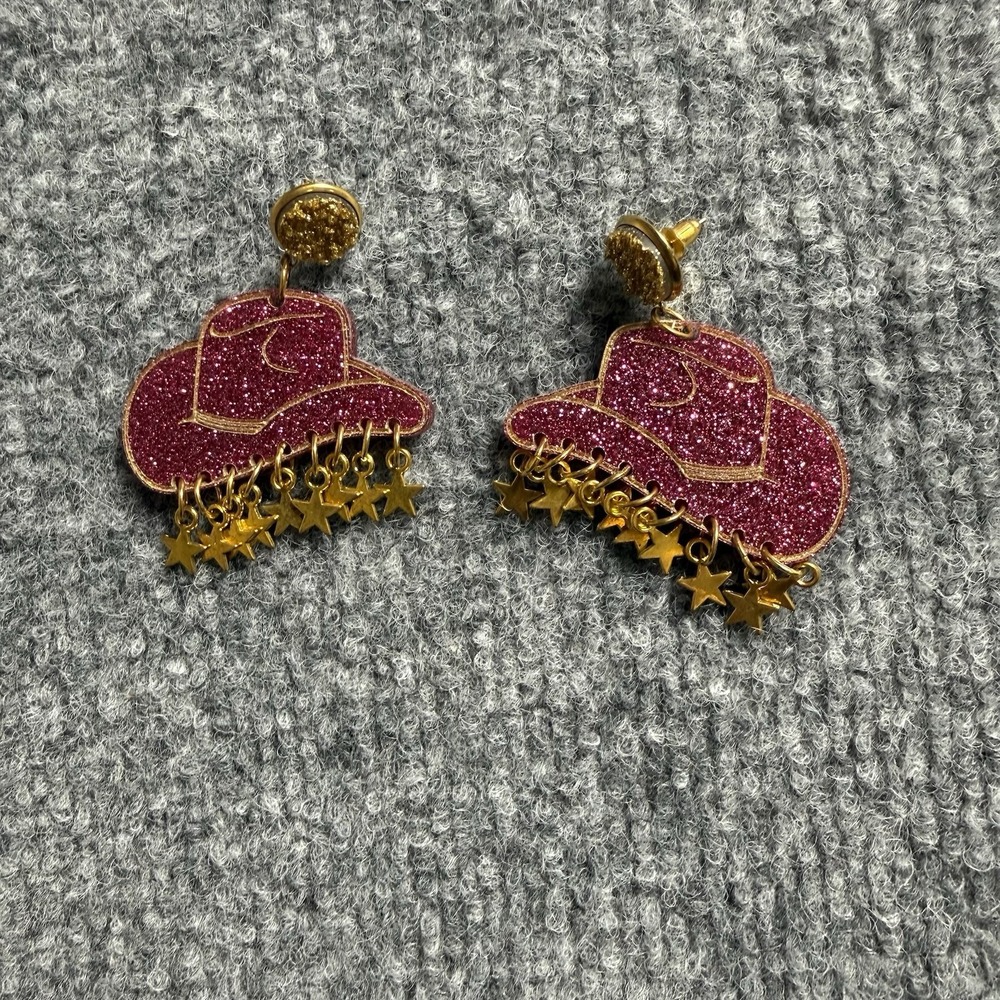 Pink Glitter Cowboy Hat Dangle Earrings Gold Tone Star Charms Western Jewelry
